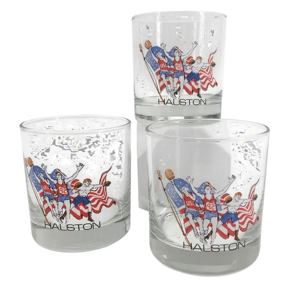 Halston 1992 Olympics lowball whiskey glasses 90s 1990s vintage